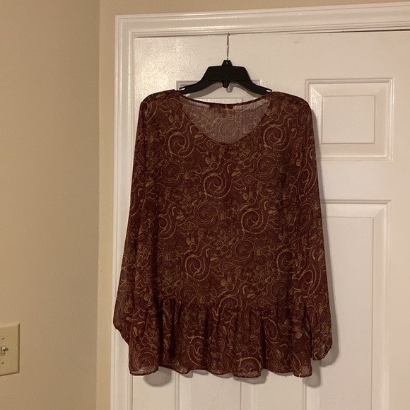 ROSE & OLIVE burgundy and gold sheer long sleeve blouse - Picture 6 of 8